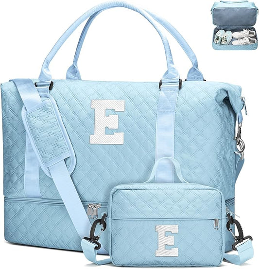 WOOMADA Initial Duffle Bag with Shoe Compartment,Personalized Weekender Bag, Overnight Bag for Women Girls, Gym Bag with Toiletry Bag