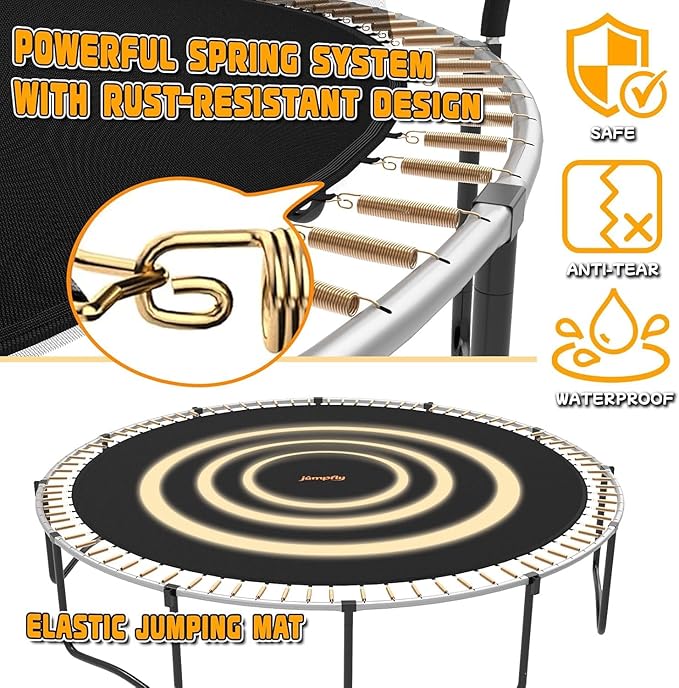 jumpfly Tranpoline 8/10/12/14/15/16FT Tranpoline Outdoor for Kids and Adults Recreational Tranpolines with Basketball Hoop, Anti-Rust Ladder, ASTM Approved