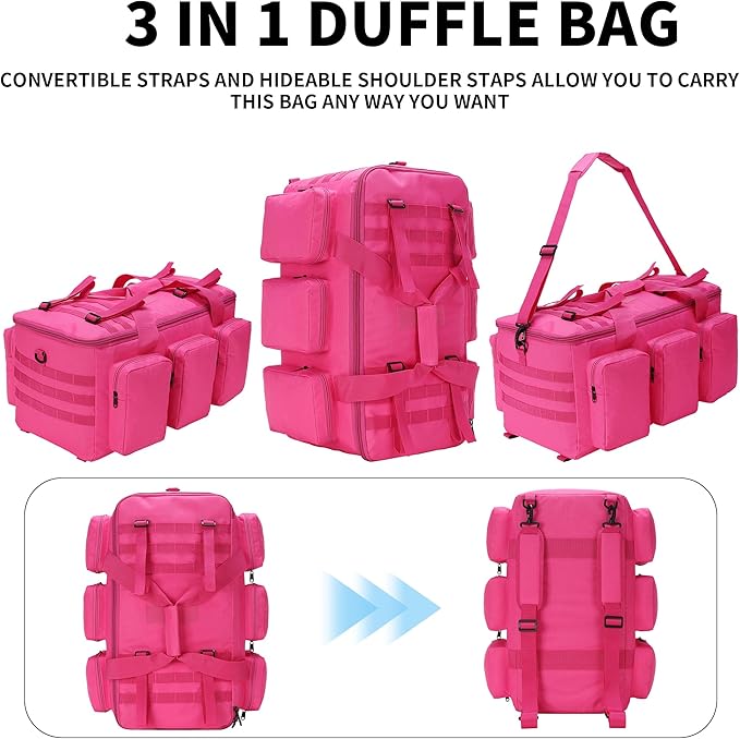 3 In 1 Military Duffel Bag 50L Gym Bag for Men Convertible Weekender Backpack for Sports Travel Basketball (50L-Rose)