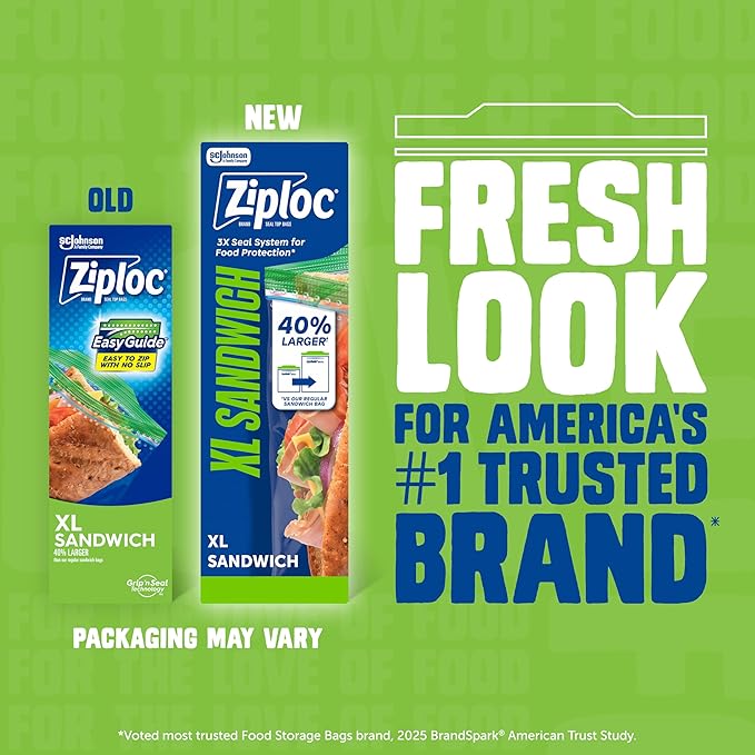 Ziploc XL Sandwich and Snack Bags with EasyGuide Texture, Plastic Storage Bags with Grip 'n Seal Technology, 90 Bags Total