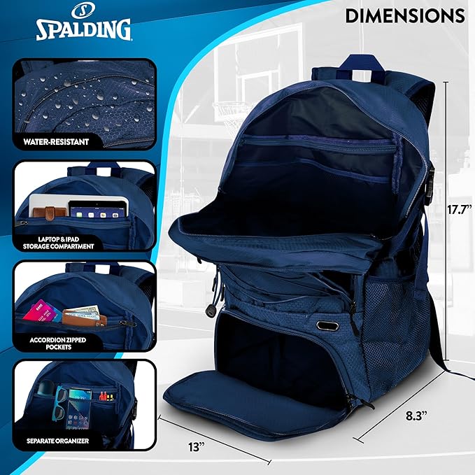 Spalding Basketball Backpack Sports Bag | Large Black Backpack with Shoe and Ball Compartment | Gifts for Basketball Players