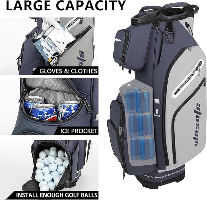 PU Leather Lightweight Men Women Blue White Black Green Golf Bag,Multiple 10 Pockets 14-Way Dividers Cooler Pouch Golf Cart Bag