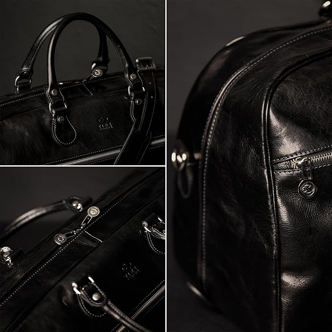 Leather Duffel Bag Full Grain Leather Travel Bag Weekend Bag Gym - Time Resistance (Black)