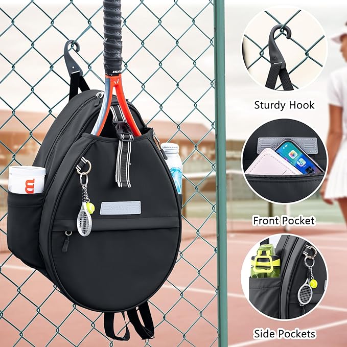 Tennis Backpack with 2 Rackets Holder, Water-Resistant PU Leather Tennis Racket Bag for Women & Men, Sling Crossbody Sports Backpack for Tennis, Pickleball & Badminton, Tennis Gifts