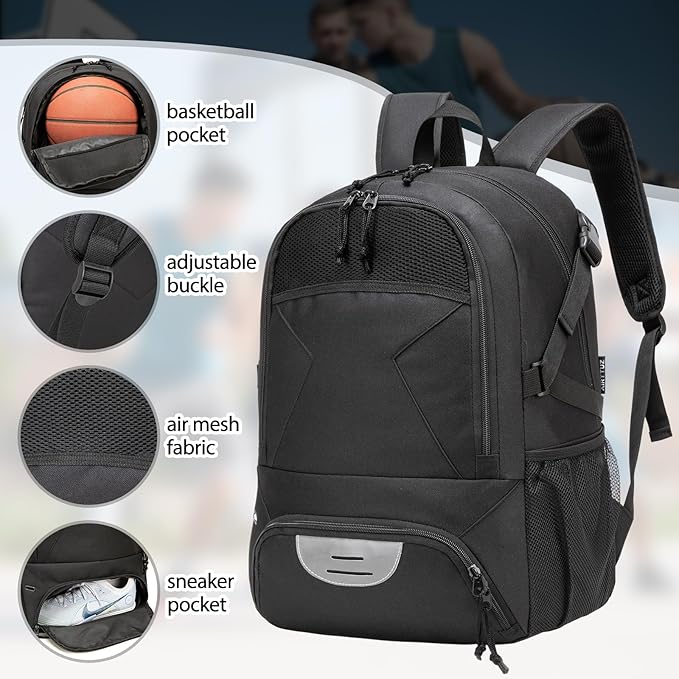 Basketball Backpack - Large Sports Equipment Bag with Ball Holder & Shoe Compartment for Basketball. (black)
