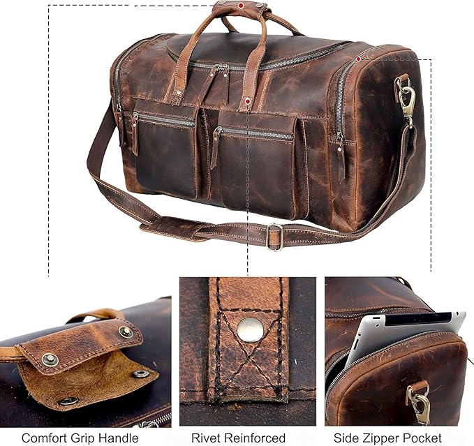 20" Vintage Duffel Classic Style with Modern Outlook Retro Thick Full Grain Cowhide Handmade Airplane Underseat Carry On Bags Leather Gym Overnight Luggage Bag