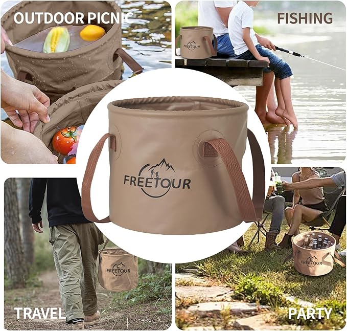 Baiao Collapsible Bucket 5 Gallon, Portable Collapsible Bucket with Handle, Folding Water Container for Fishing Camping Beach Hiking Home Travel Car Washing(Khaki 20L)