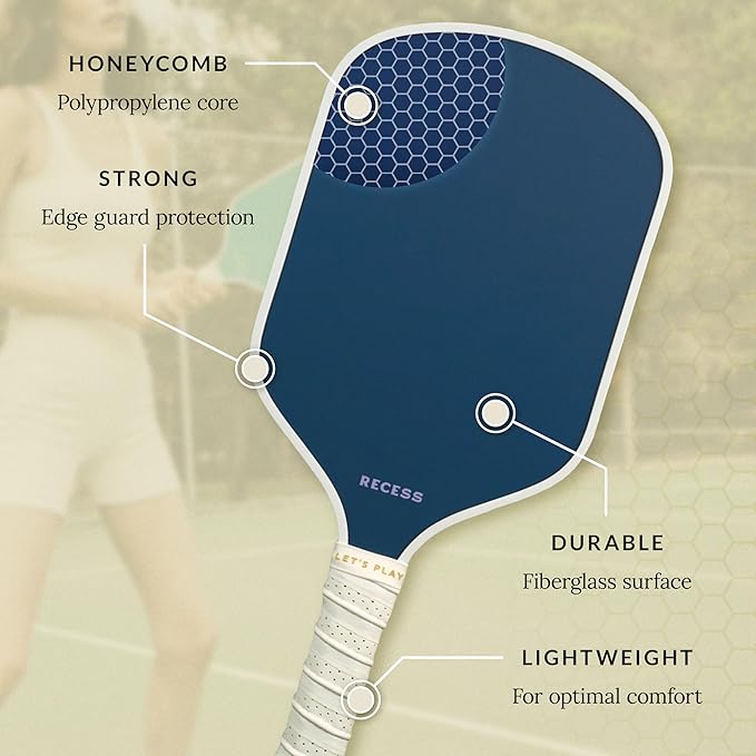 Recess Pickleball Starter Set of Premium Pickleball Paddles and Four (4) Pickle Balls - Lightweight, Honeycomb Core & Comfort Grip Handles - Perfect for Beginners