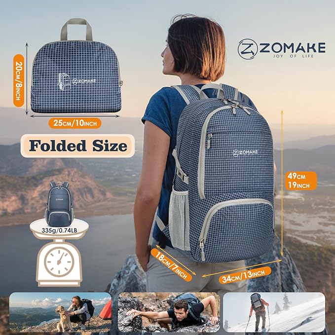 ZOMAKE Lightweight Packable Backpack 30L, Foldable Hiking Backpacks Water Resistant Compact Folding Daypack for Travel(Plaid Royal Blue)