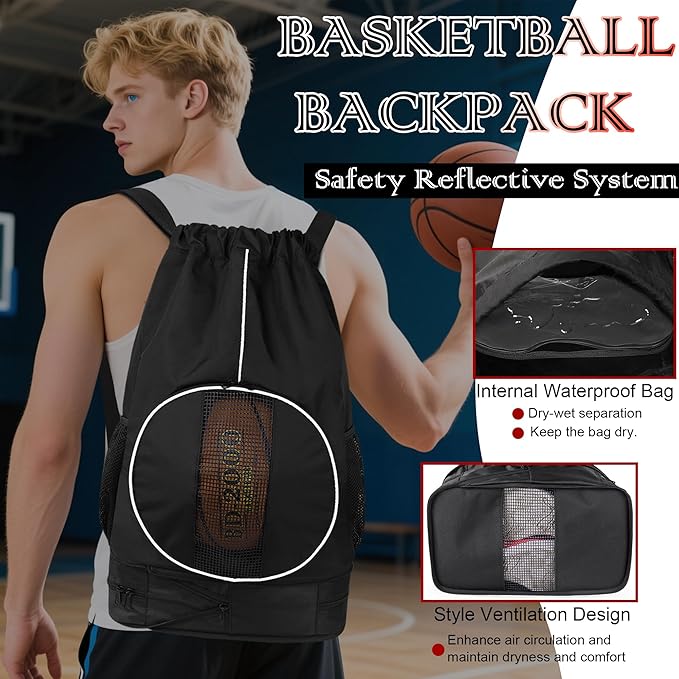 Basketball Backpack, 45 L Drawstring Sports Bag with Large Shoe Compartment and Wet Pockets for Women Men Gym Bag