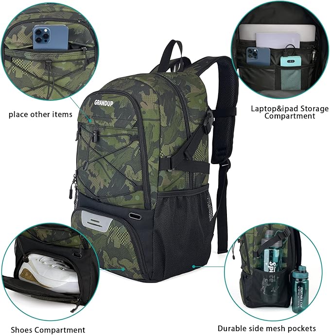 GRANDUP Basketball backpack with ball and shoes compartment Fit Volleyball, soccer, Swim, Gym, Travel, and School, large capacity sports training equipment bags