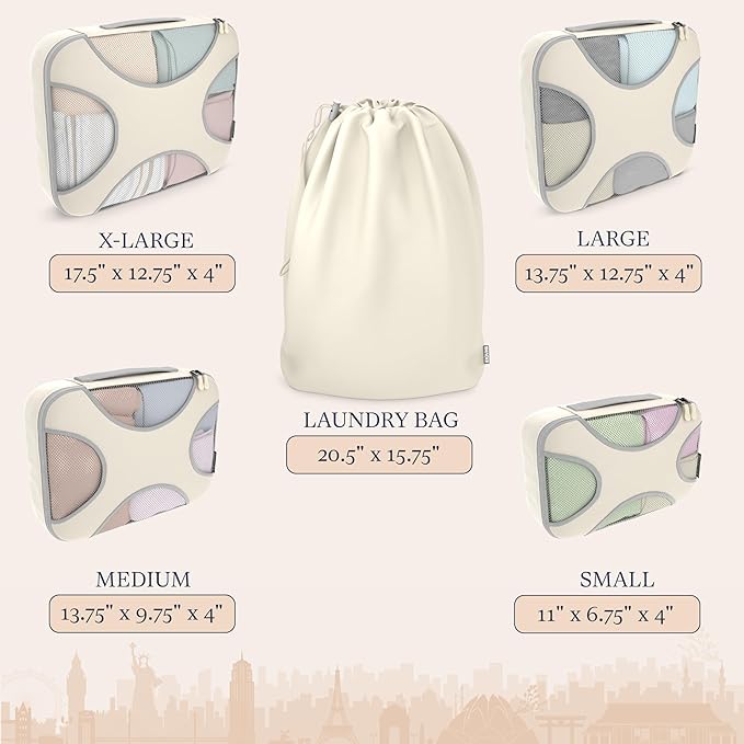 Shacke Premium 5 Packing Cubes Set - Lightweight Mesh Travel Luggage Organizers with Laundry Bag, 5-Piece Suitcase Storage System (Sand)