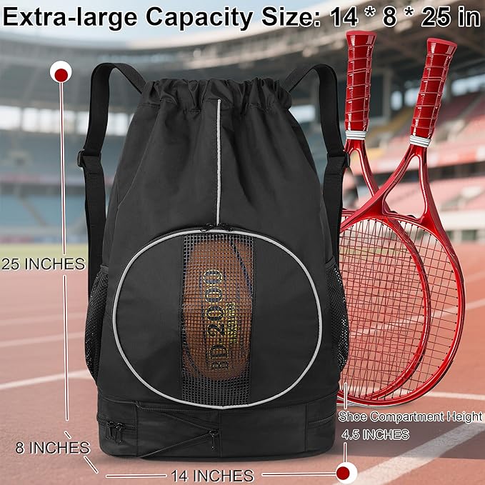 Basketball Backpack, 45 L Drawstring Sports Bag with Large Shoe Compartment and Wet Pockets for Women Men Gym Bag