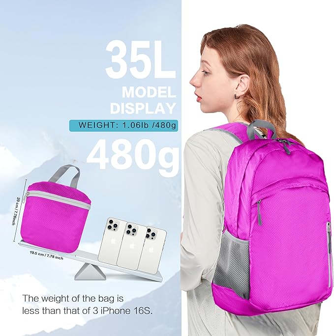 35L Waterproof Backpack Beach Foldable Lightweight Dry Wet Split Hiking Backpack Men Women Hot Pink