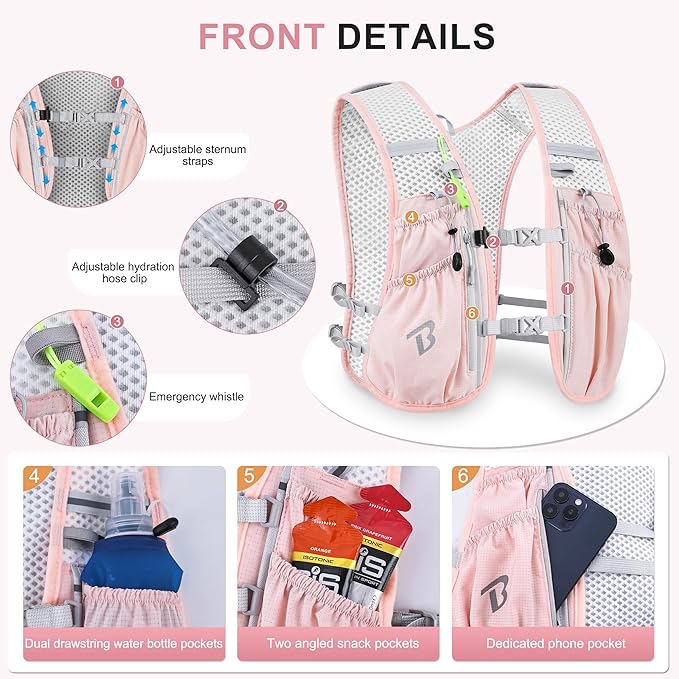 BECOJADDE Running Vest Hydration Backpack for Men Women, 5L Lightweight Running Backpack Hydration Pack for Marathon, Trail, Cycling, Hiking, Jogging