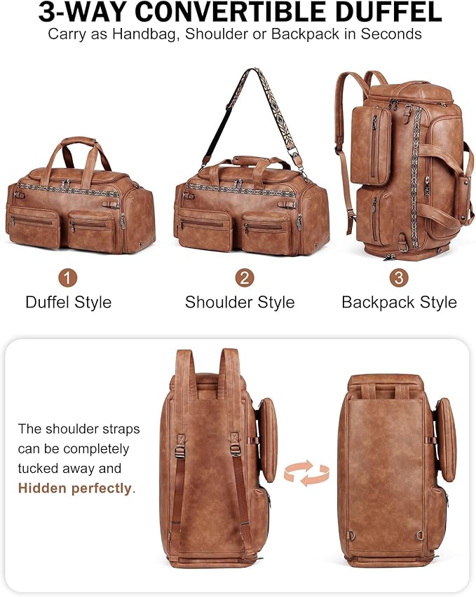 FADEON Duffle Bag for Women, Large Convertible Carry on Overnight Backpack, Designer Leather Mens Weekend Bags for Travel