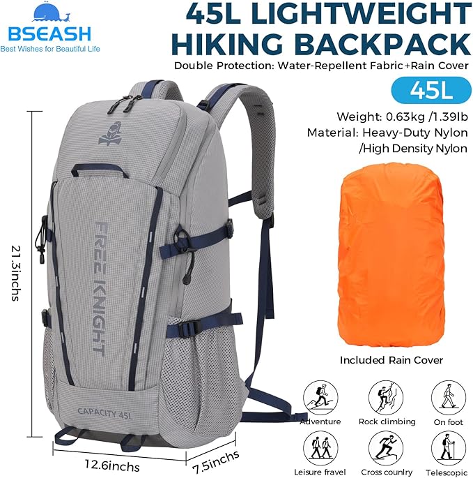 Bseash 45L Waterproof Hiking Camping Backpack with Rain Cover, Outdoor Sport Travel Bag Daypack for Climbing Skiing Cycling (Gray)