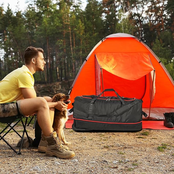 Vomgomfom Wheeled Collapsible Duffel Bag,110L-140L Expandable Checked Luggage, No-Telescopic-Handle with Anti-Burst Zipper & Reinforced Frame,Black-red