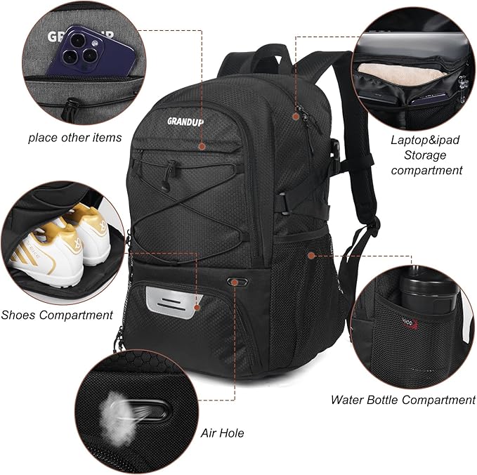 GRANDUP Basketball backpack with ball and shoes compartment Fit Volleyball, soccer, Swim, Gym, Travel, and School, large capacity sports training equipment bags