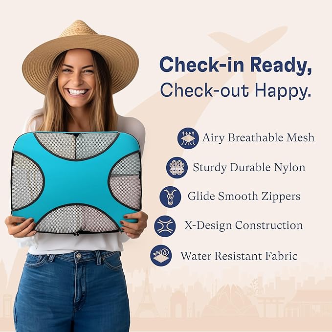 Shacke Premium 8 Packing Cubes Set - Lightweight Mesh Travel Luggage Organizers with Laundry Bag, 8-Piece Suitcase Storage System (Aqua Teal)