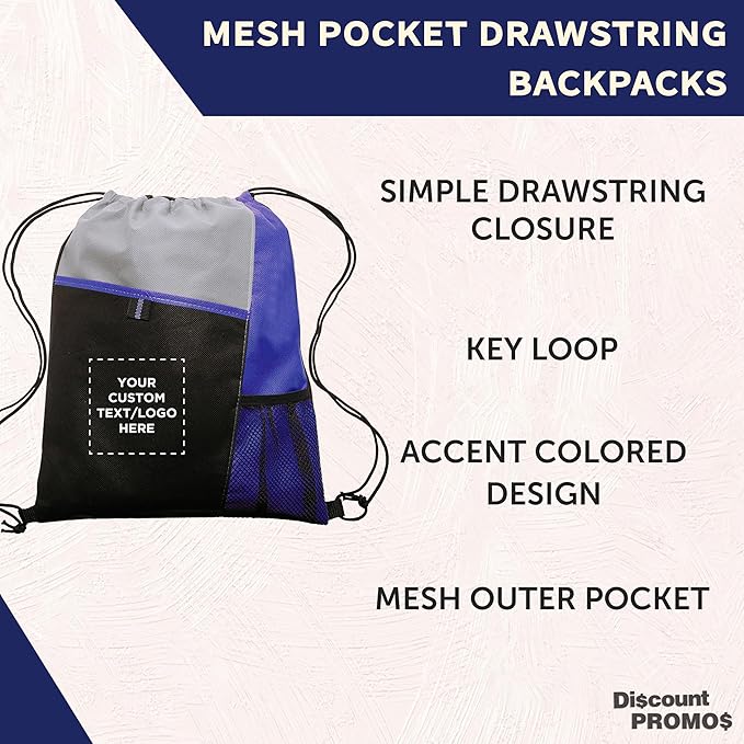 DISCOUNT PROMOS Custom Non-Woven Drawstring Backpacks Set of 10/50/100, Personalized Bulk Pack