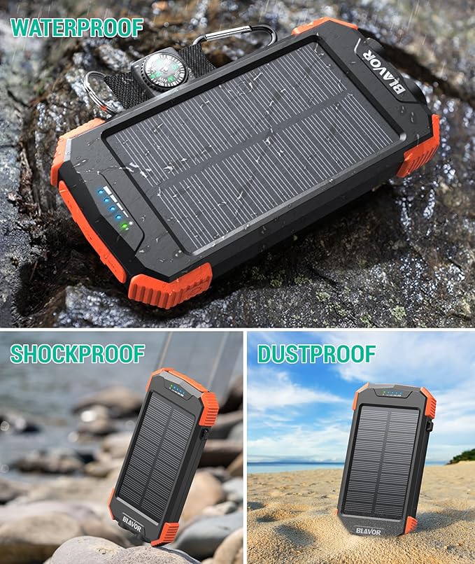 BLAVOR Solar Power Bank 10,000mAh, Portable Wireless Charger, 20W Fast Charging External Battery Pack with USB C for Cell Phones, Solar Panel Charging with Dual Flashlight for Camping