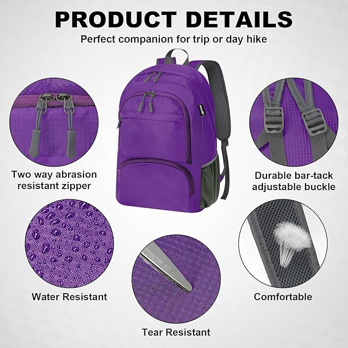 HOLYLUCK 20L lightweight packable Hiking Daypack Foldable Backpack for Men Women Small Travel Outdoor Foldable Shoulder Bag-purple