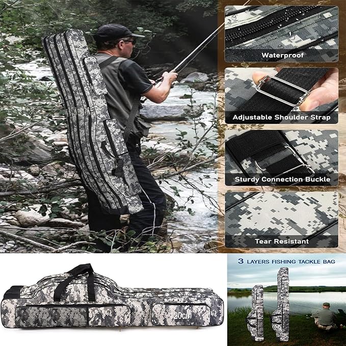 3 Layers Fishing Pole Bag,Portable 3 Layers Oxford Folding Rod Carry Case,Fishing Reel Tackle Storage Bag Case