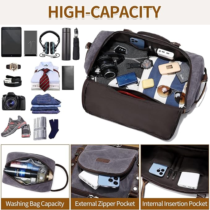 Nerlion Weekender Bag with Shoe Compartment Large Overnight Bag for Men Canvas Genuine Leather Carry on Luggage Bag Travel Duffel Bag(Gray)