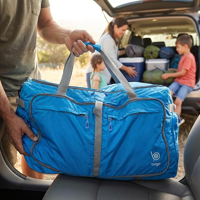 Bago Large Foldable Duffel Bags for Traveling Women & Men - 100L Packable Duffle Bag for Travel with Shoe Compartment - Water Repellant, Heavy Duty, Lightweight Folding & Collapsible (Blue)