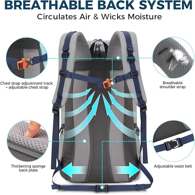 Bseash 45L Waterproof Hiking Camping Backpack with Rain Cover, Outdoor Sport Travel Bag Daypack for Climbing Skiing Cycling (Gray)