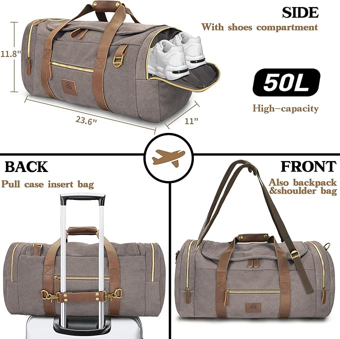 Vintage Canvas Duffle Bag, 50L Genuine Leather Travel Duffel Backpack Multifunctional Overnight Weekender Bag with Shoes Compartment Men (Grey)