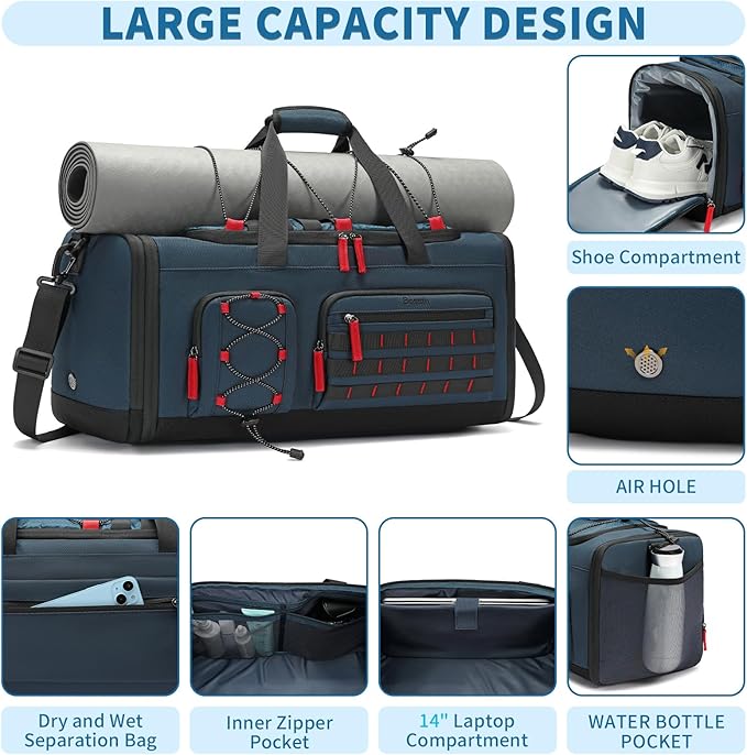 Bosstin Gym Bag for Men & Women,45L Travel Duffle Sports Duffel Bag Gym Weekender Overnight Backpack with Shoe Compartment (Blue)