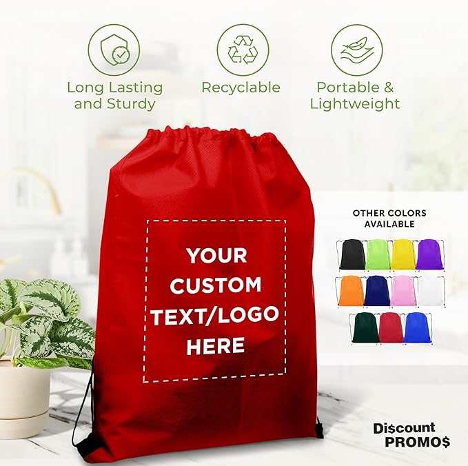 DISCOUNT PROMOS Custom Non-Woven Drawstring Backpacks Set of 10/50/100, Personalized Bulk Pack