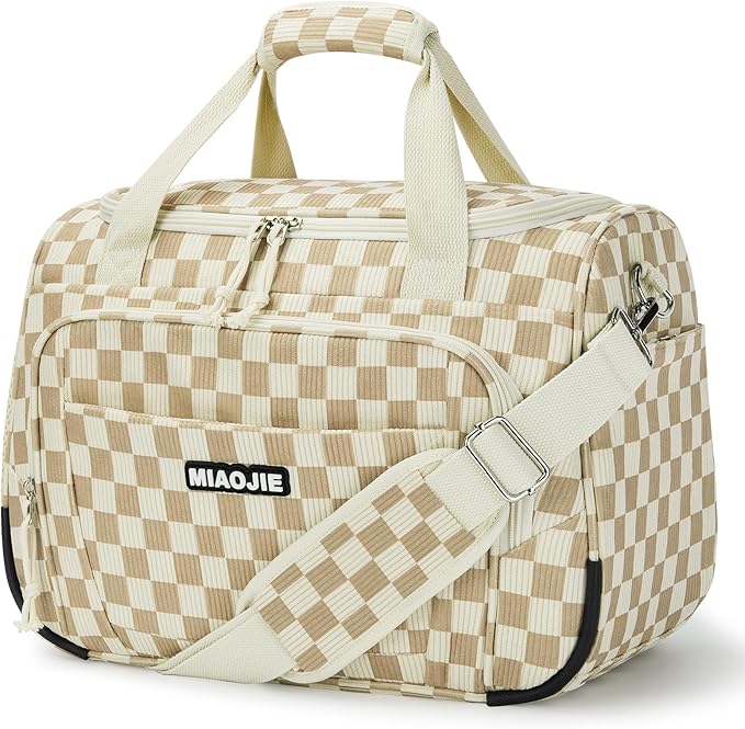 Underseat Carry On Luggage Lightweight Travel Tote Weekender Bag Overnight Duffle Bag for Travel, Travel Essentials Personal Item Travel Bag for Women, Corduroy Khaki Grid-16Inch