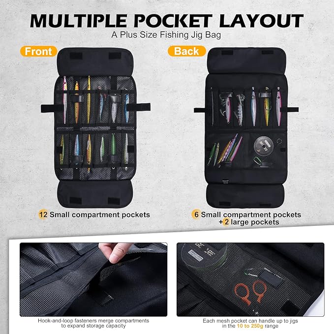 Goture Fishing Jig Bag,20 Mesh Pockets Portable Water-Resistant 600D PU Fishinig Lure Bag Saltwater Freshwater Suitable For Max 10" Length Vertical Jig Slow Pitch Jigging Bait Storage (16.92"x11.81")