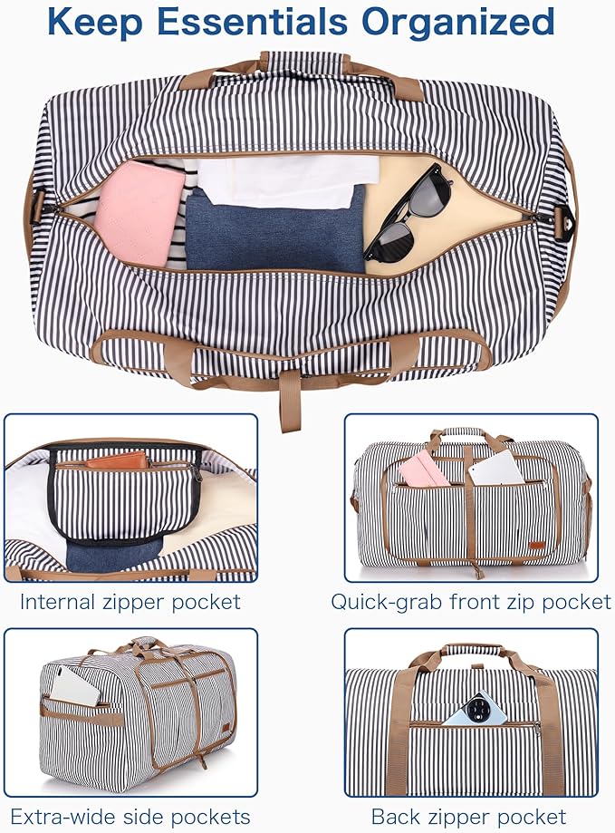 80L Large Duffle Bag for Travel, 26” Travel Duffel Bag with Shoe Compartment, Foldable Collapsible Overnight Bag Gym Bag Weekender Bags for Men Women, Water & Tear Resistant (Stripe, 80L)