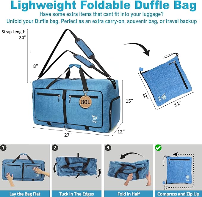 Bago Large Foldable Duffel Bags for Traveling Women & Men - 80L Packable Duffle Bag for Travel with Shoe Compartment - Water Repellant, Heavy Duty, Lightweight Folding & Collapsible (SnowBlue)