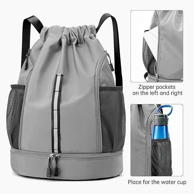 Sport Gym Bag Drawstring Backpack Beach Bag for Men Women with Shoe Compartment and Reflective Strips (Grey)