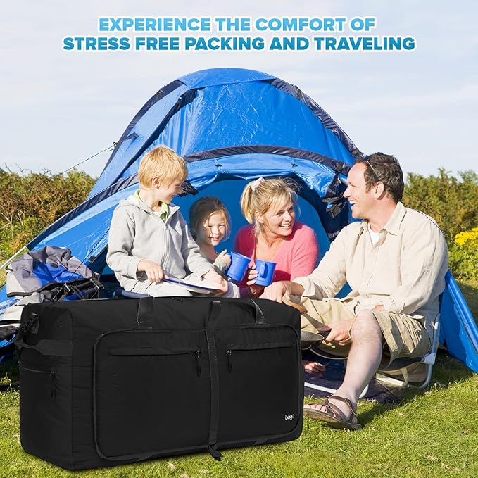 Bago Large Foldable Duffel Bags for Traveling Women & Men - 120L Packable Duffle Bag for Travel with Shoe Compartment - Water Repellant, Heavy Duty, Lightweight Folding & Collapsible (All Black)