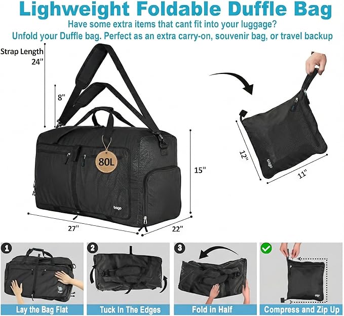 Bago Large Foldable Duffel Bags for Traveling Women & Men - 80L Packable Duffle Bag for Travel with Shoe Compartment - Water Repellant, Heavy Duty, Lightweight Folding & Collapsible (All Black)