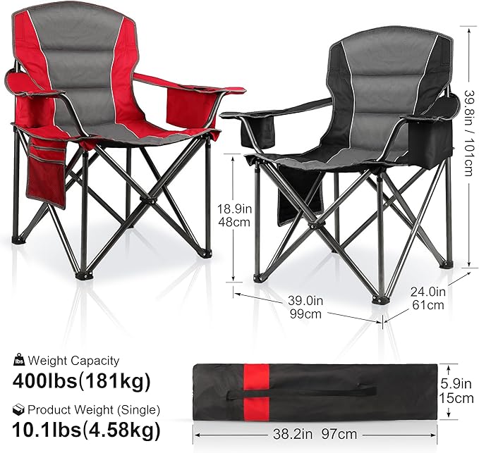 2 Pack Padded Oversized Camping Chairs for Adults,Heavy Duty Support 400 Lbs,Folding Portable Lawn Chair w/Cup Holder,Cooler Bag,Side Pocket,Perfect for Outdoor Picnic,Hiking(Red&Black)
