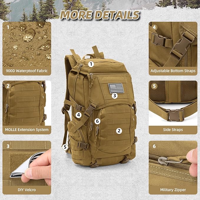 AUMENTAR 35L Military Tactical Backpack for Men,Water Resistant Assault Pack for Women,Khaki Molle Daypack 3 Day Bug Out Bag Rucksack for Trekking, Camping,Survival,EDC