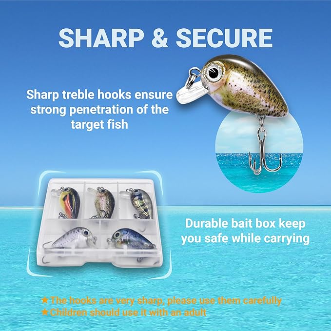 5PCS Micro Crankbait Fishing Lures for Bass Trout Topwater Lures Kit Slow Sinking Sturdy Vib Set for Fishing Lovers Pocket Mini Lure Fishing Tackle Kits for Children