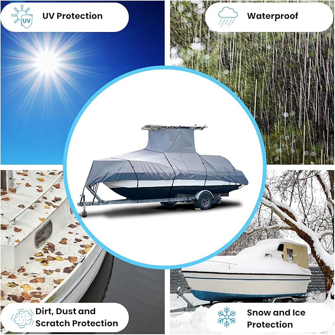 EliteShield Heavy Duty T-Top Boat Cover, Fits 18ft to 20ft Long Center Console Boat with T-Top Hard-Top, Waterproof Fade Resistant T Top Boat Storage Cover (Gray, Size 1: 18'-20' Long, Beam 102" W)