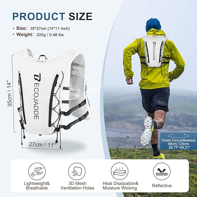 BECOJADDE Running Vest Hydration Backpack for Men Women, 5L Lightweight Running Backpack Hydration Pack for Marathon, Trail, Cycling, Hiking, Jogging