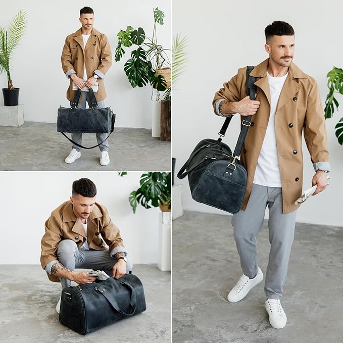 Berliner Bags Vintage Genuine Leather Duffle Bag Oslo for Travel or the Gym, Weekender, Travel Bag, Overnight Bag for Men and Women - Brown - Dark Grey