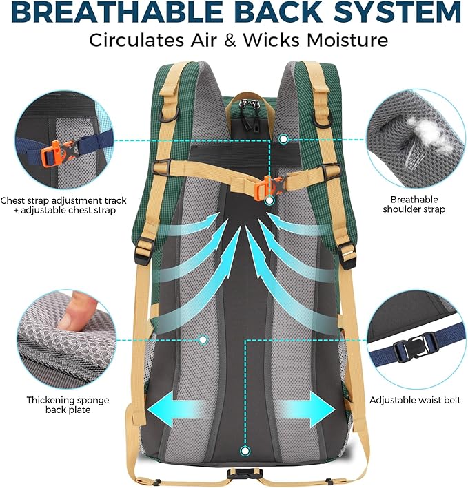 Bseash 45L Waterproof Hiking Camping Backpack with Rain Cover, Outdoor Sport Travel Bag Daypack for Climbing Skiing Cycling (Green)