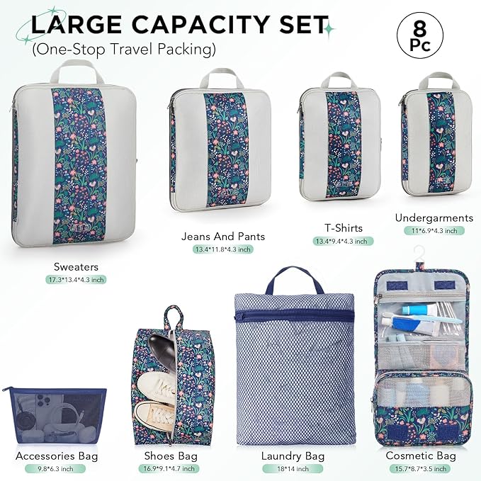 8 Set Compression Packing Cubes for Travel Essentials,Compressible Expandable Packing Cubes for Suitcase,OlarHike Luggage Organizer Bags for Travel(Dark Blue Floral)