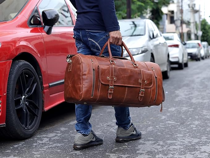 20 Inch Leather Duffle Bag Handmade Rustic Overnight Weekend Bag for Men, Gym Sports Travel Tote Bag Luggage Carry On Flight Cabin Duffel Bag with Shoe Compartment for Men & Women